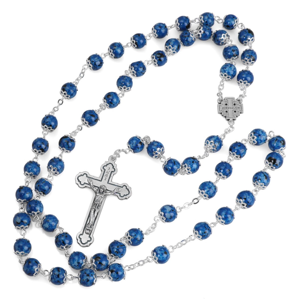 Holyland Rosary Blessing From Jerusalem Blue Beaded Rosary With Jerusalem Cross and Crucifix - 1