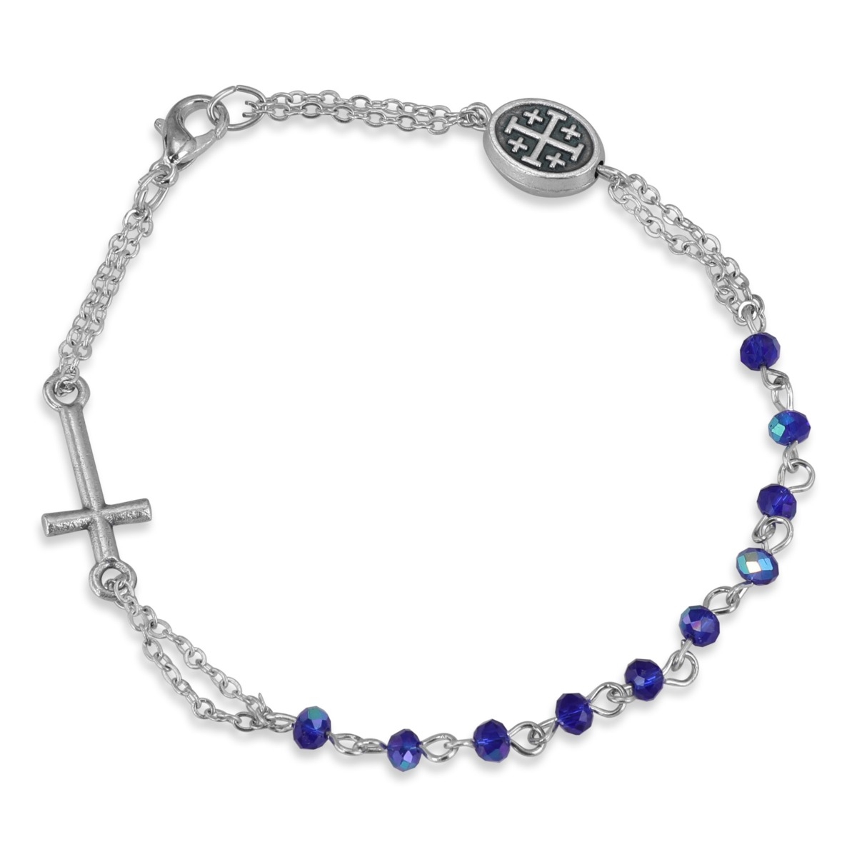 Holyland Rosary Blue Glass Beaded Rosary Bracelet With Jerusalem Cross and Latin Cross  - 1