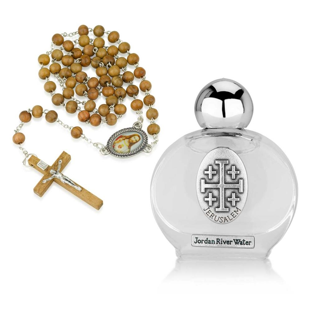 Holyland Rosary Olive Wood Bead Rosary with FREE Holy Water from Jordan River - 1