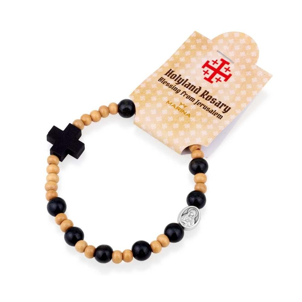 Holyland Rosary Elasticated Olive Wood Rosary Bracelet with Black Wooden Cross - 1