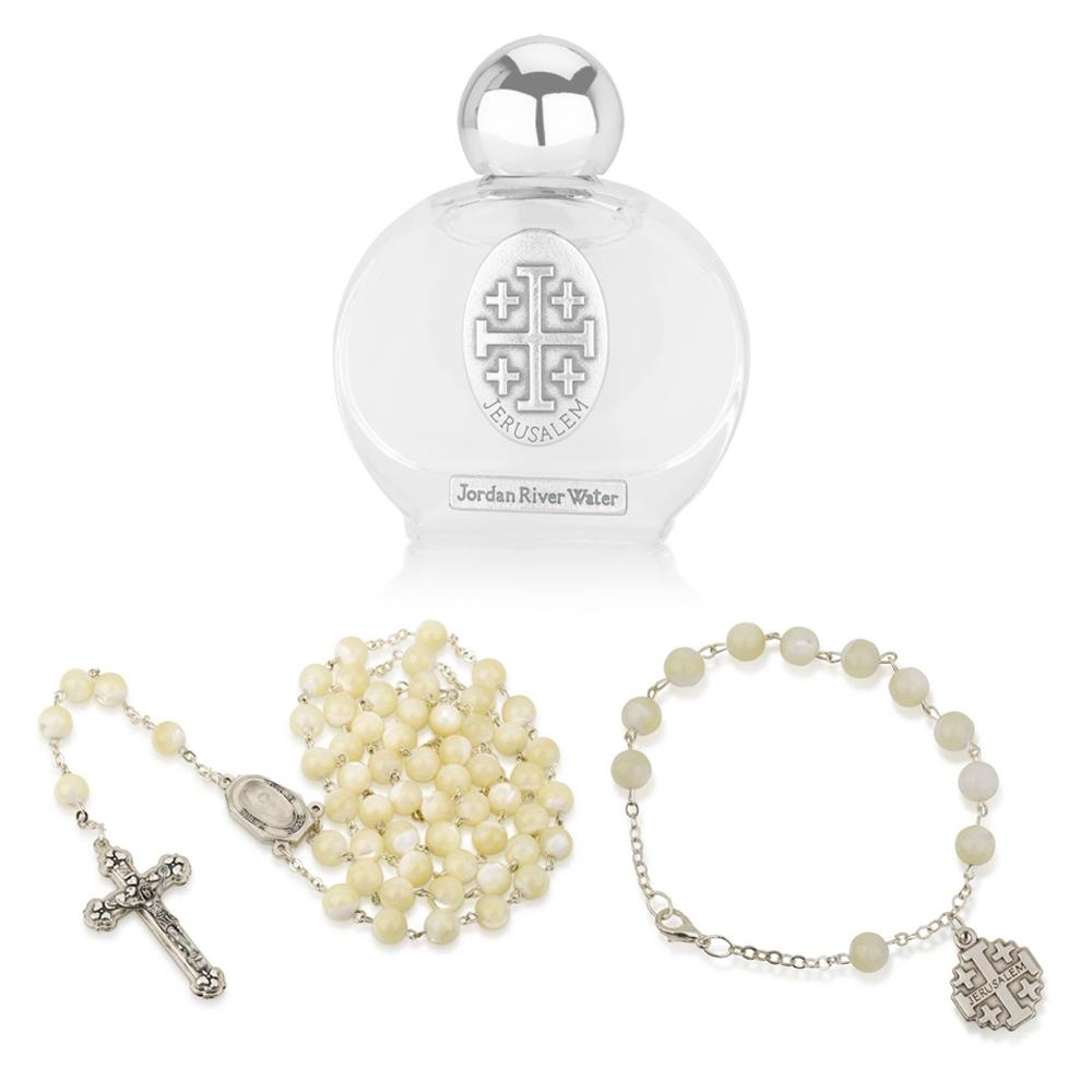Holyland Rosary Pearl Bead Rosary Set with FREE Holy Water from Jordan River - 1