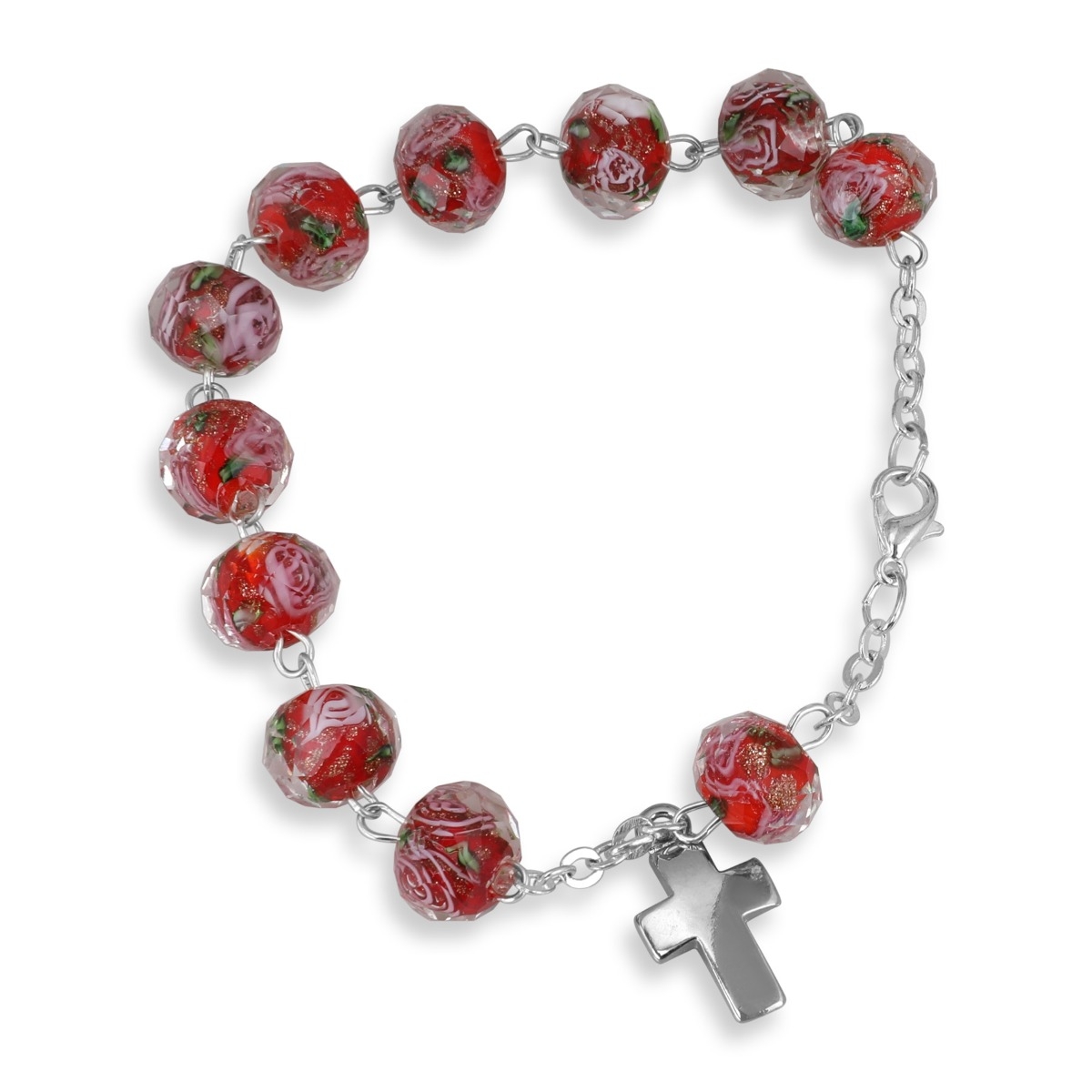 Holyland Rosary Red Flower Beaded Rosary Bracelet With Latin Cross Charm - 1