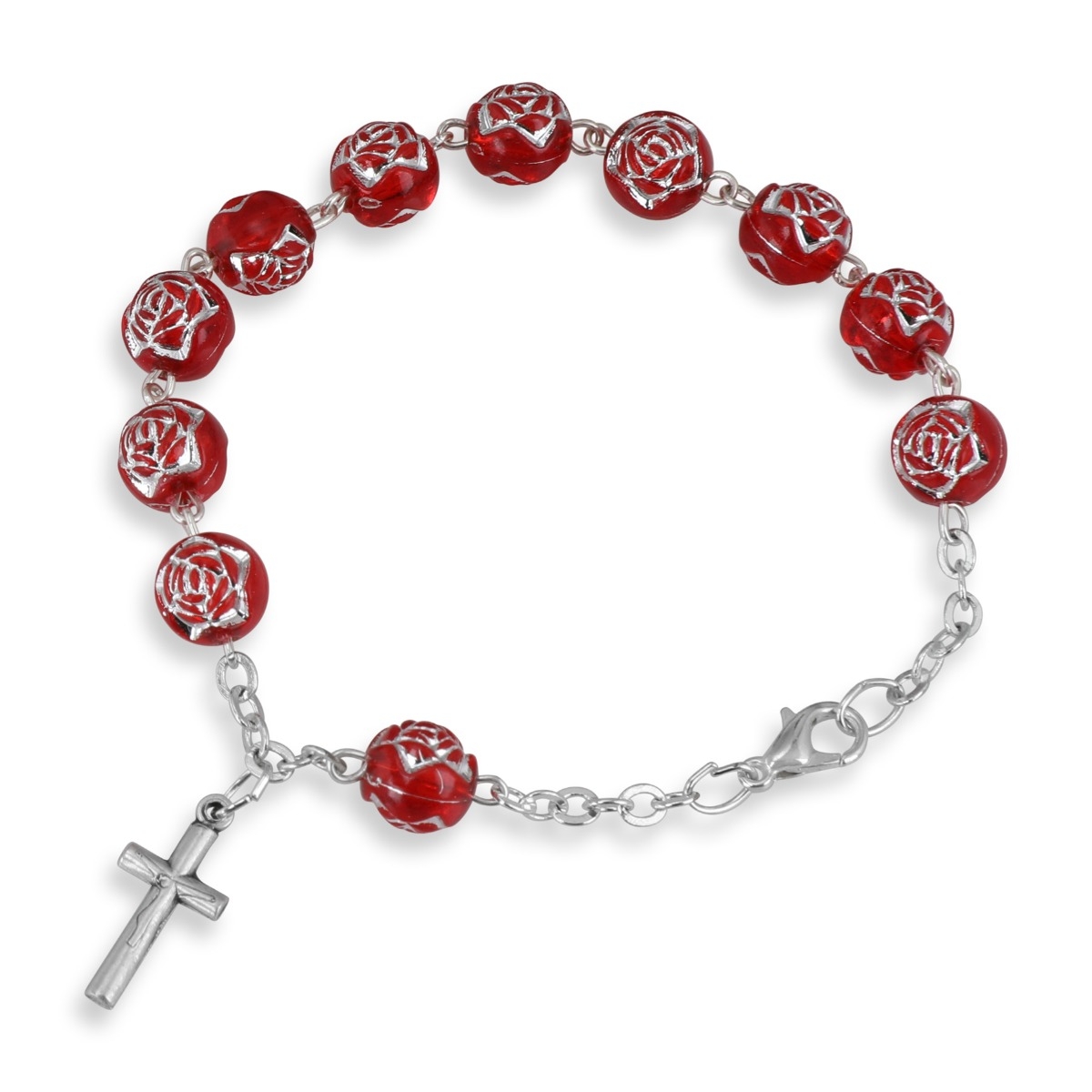 Holyland Rosary Rosary Bracelet With Red Flower Beads and Crucifix - 1