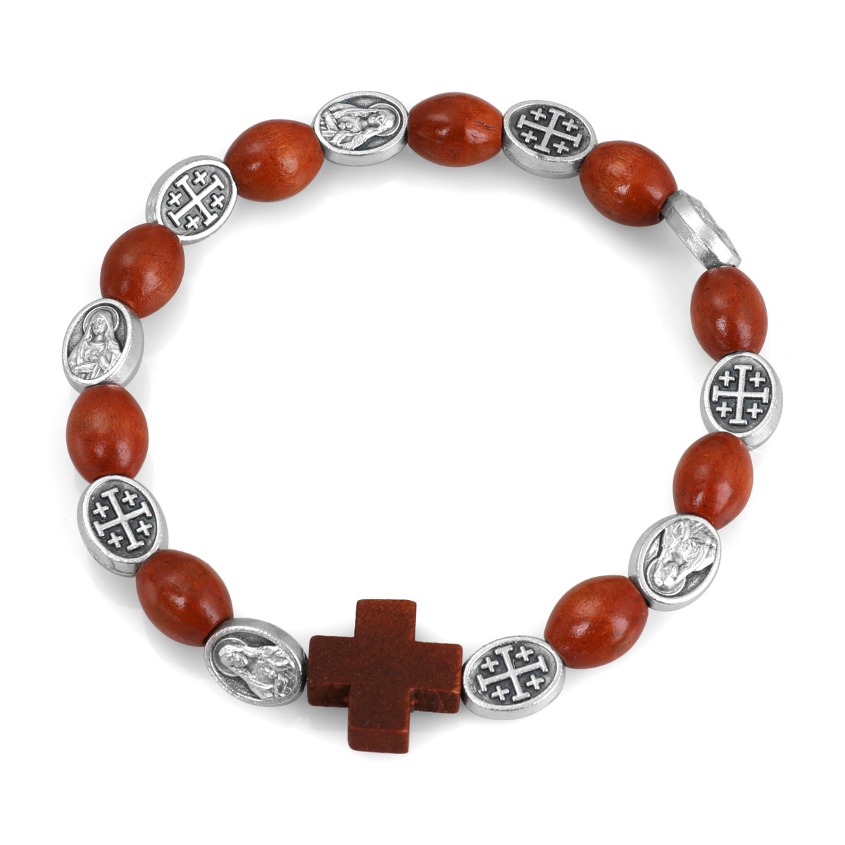 Holyland Rosary Wooden Beaded Rosary Bracelet With Jerusalem Stone Cross Charm - 1