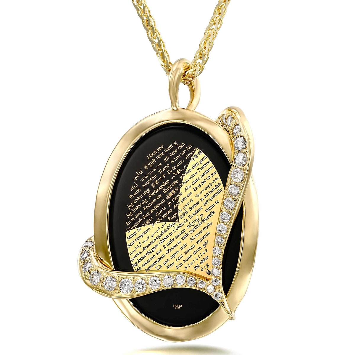 14K Gold Diamond-Accented Heart and Onyx Necklace - Micro-Inscribed in 24K Gold With "I Love You" in 60 Languages - 1