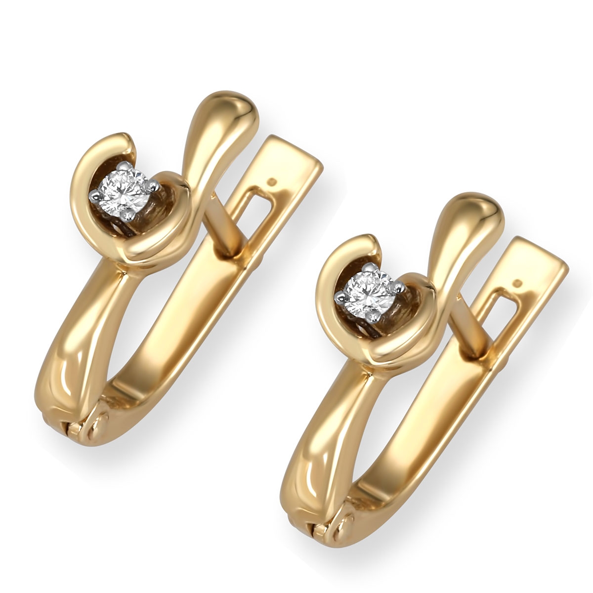 14K Gold and Diamond Abstract Lever Back Earrings  - 1