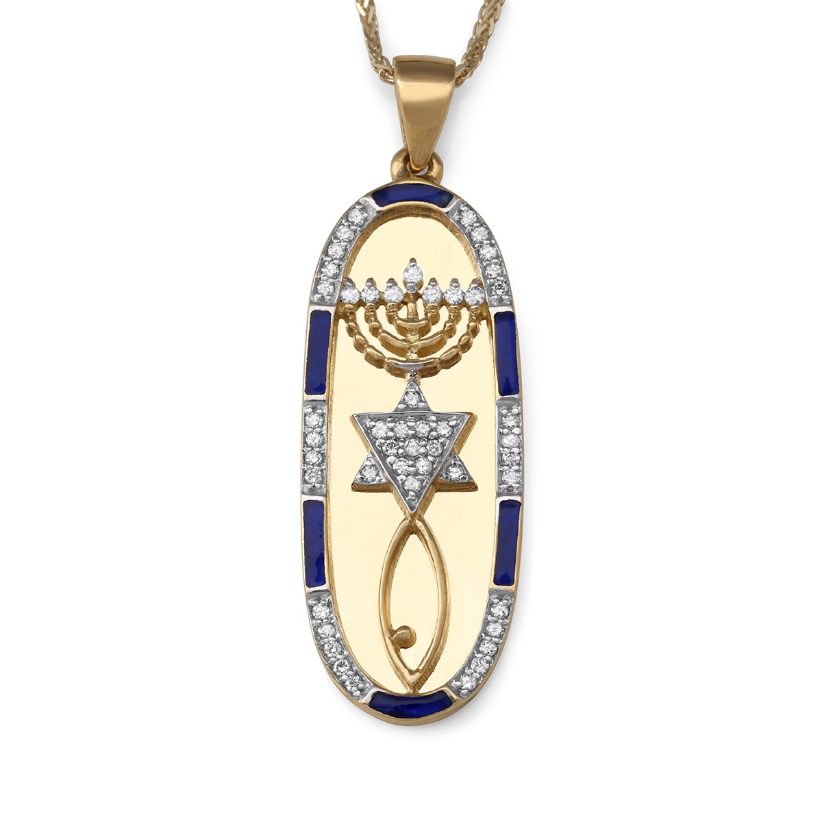 Anbinder Jewelry 14K Gold Diamond Embedded Messianic Seal Unisex Pendant with Blue Enamel  - 1