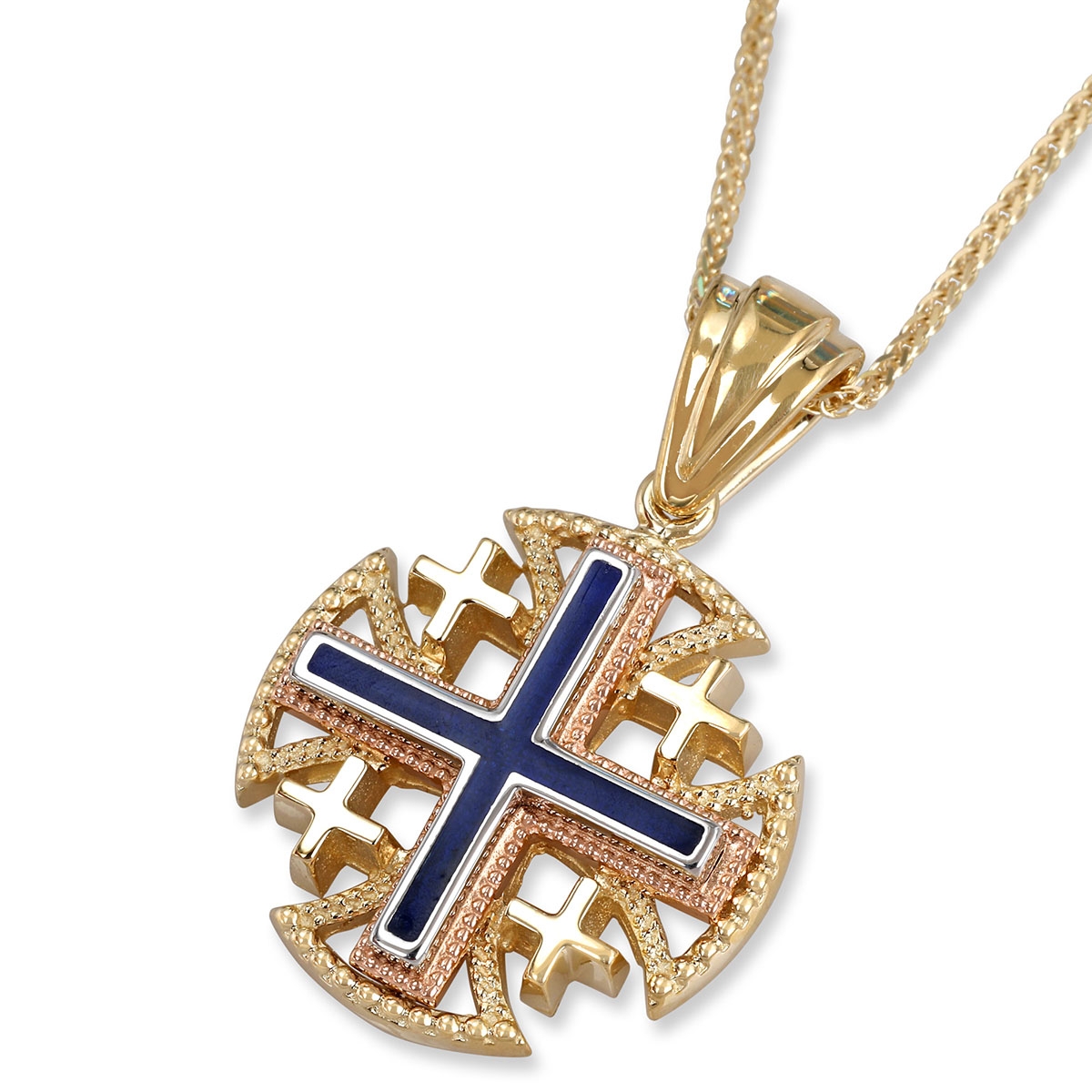 Anbinder Tricolor 14K Yellow, White, and Rose Gold Splayed Jerusalem Cross Pendant with Milgrain Design and Blue Enamel Inlay - 1