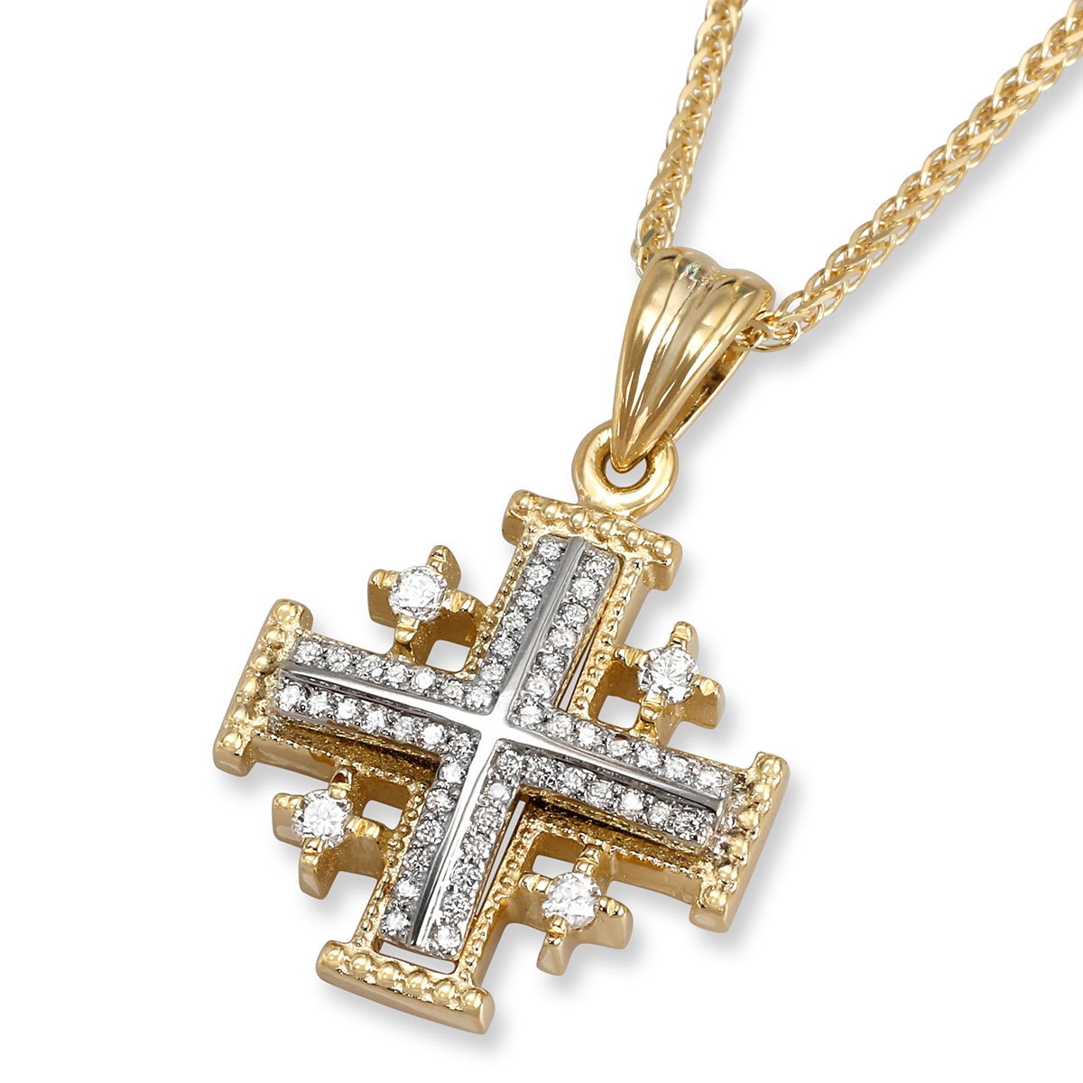 Anbinder Two-Tone 14K Yellow and White Gold Milgrain Jerusalem Cross Pendant with Bilateral Diamond Rows - 1