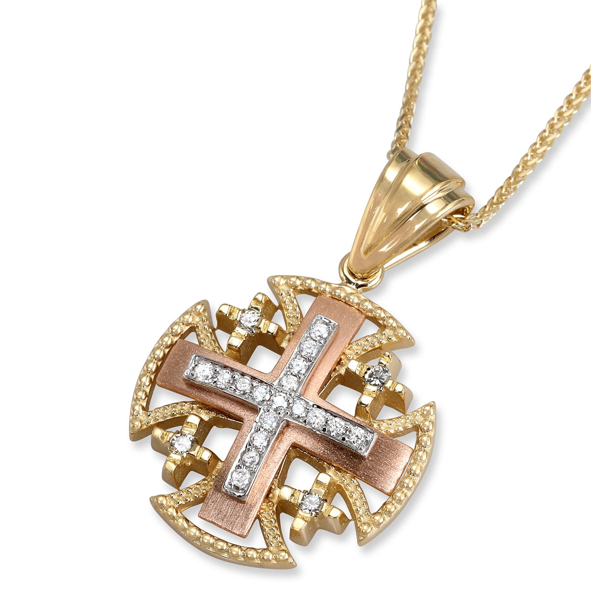 Anbinder Tricolor 14K Yellow, White, and Rose Gold Splayed Jerusalem Cross Pendant with Milgrain Design and Diamonds - 1