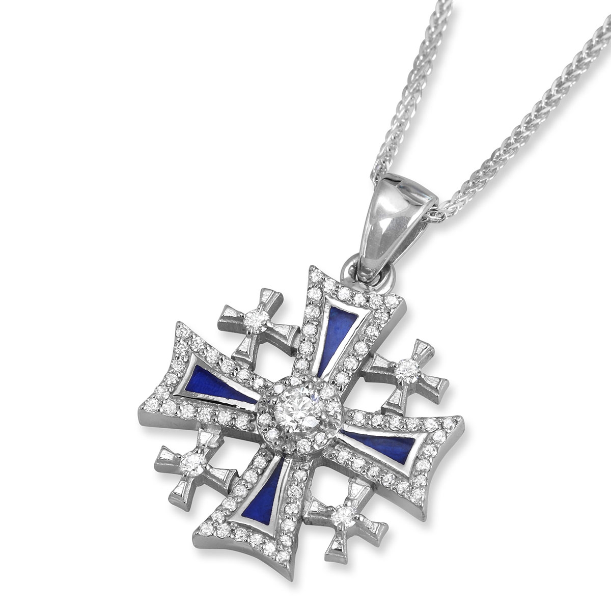 Anbinder Deluxe 14K White Gold Diamond-Studded Jerusalem Cross Pendant with Blue Enamel Accents and Diamond Border - 1