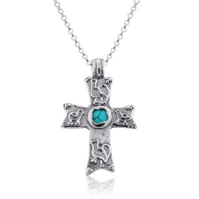 Sterling Silver Roman Cross Necklace with Turquoise Stone - 1