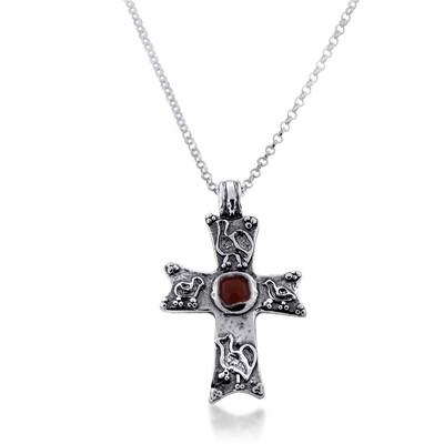 Sterling Silver Cross Necklace With Red Stone - 1