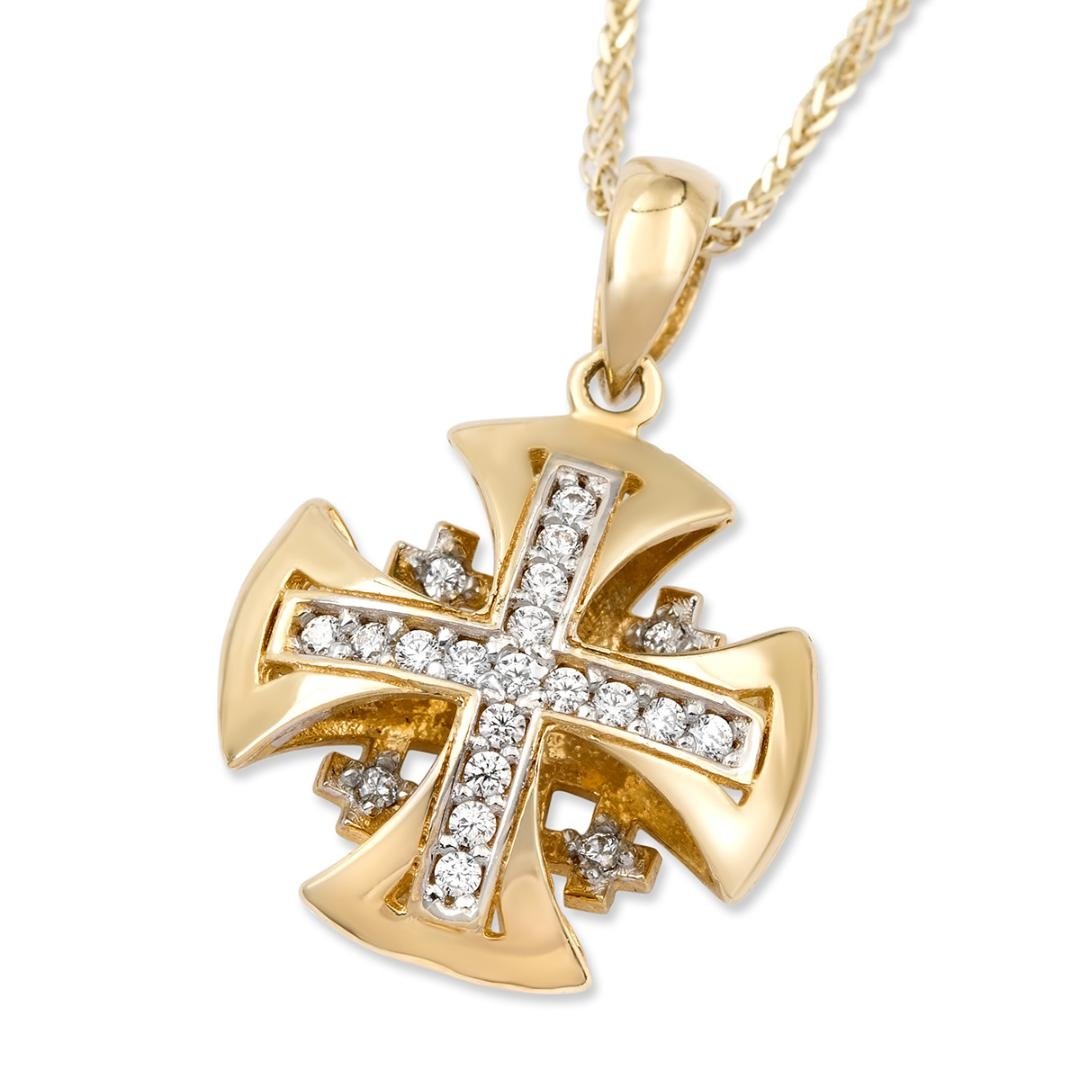 14K Gold Domed Jerusalem Cross Pendant with Cubic Zirconia - 1