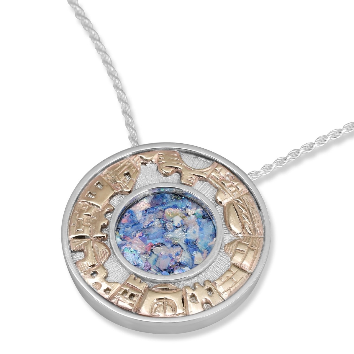 Sterling Silver 9K Gold Jerusalem Disc Necklace with Roman Glass - 1