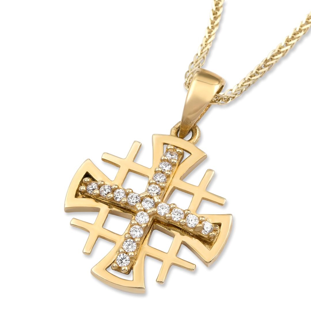 14K Gold Jerusalem Cross Pendant with Cubic Zirconia - 1