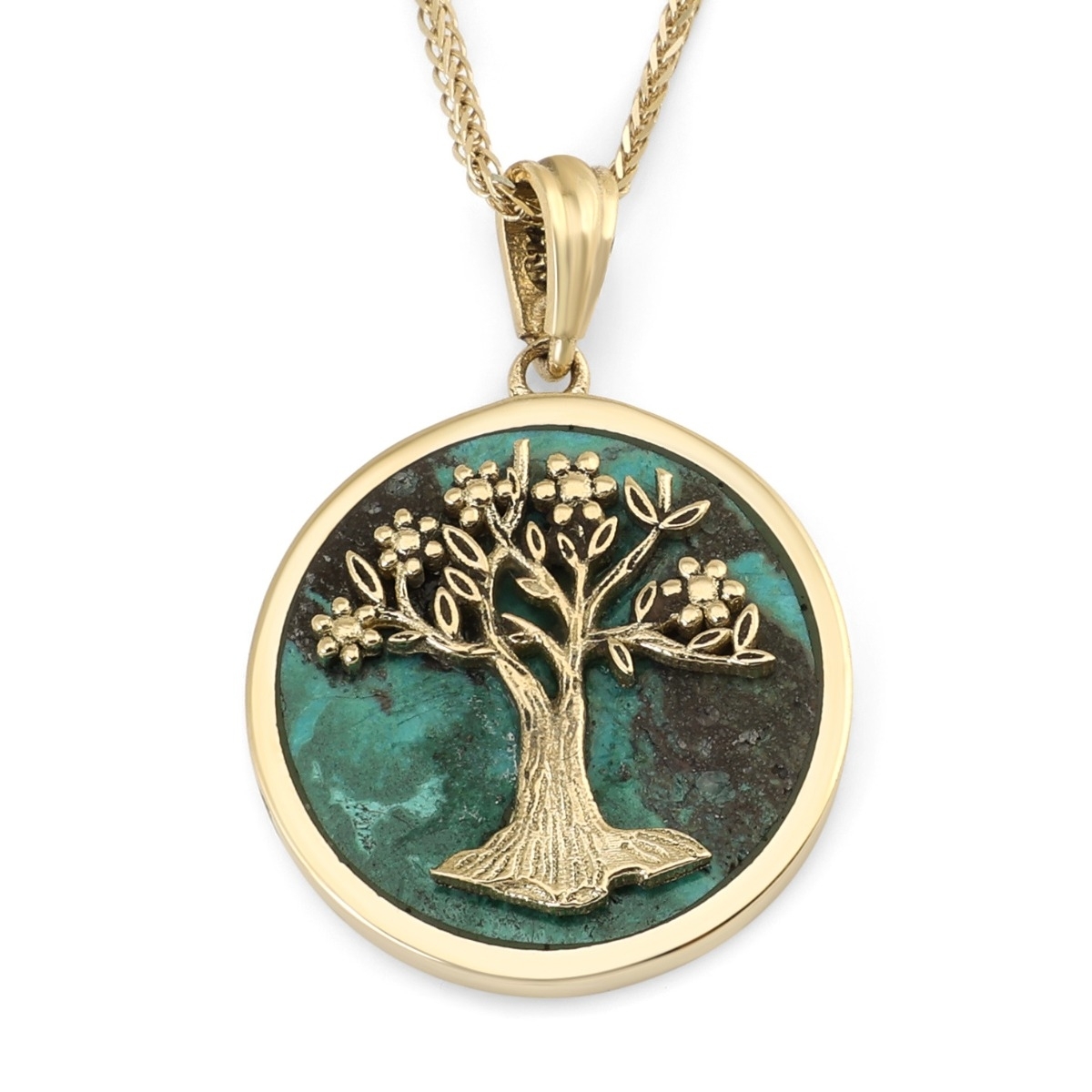 14K Gold Round Tree of Life Pendant with Eilat Stone - 1