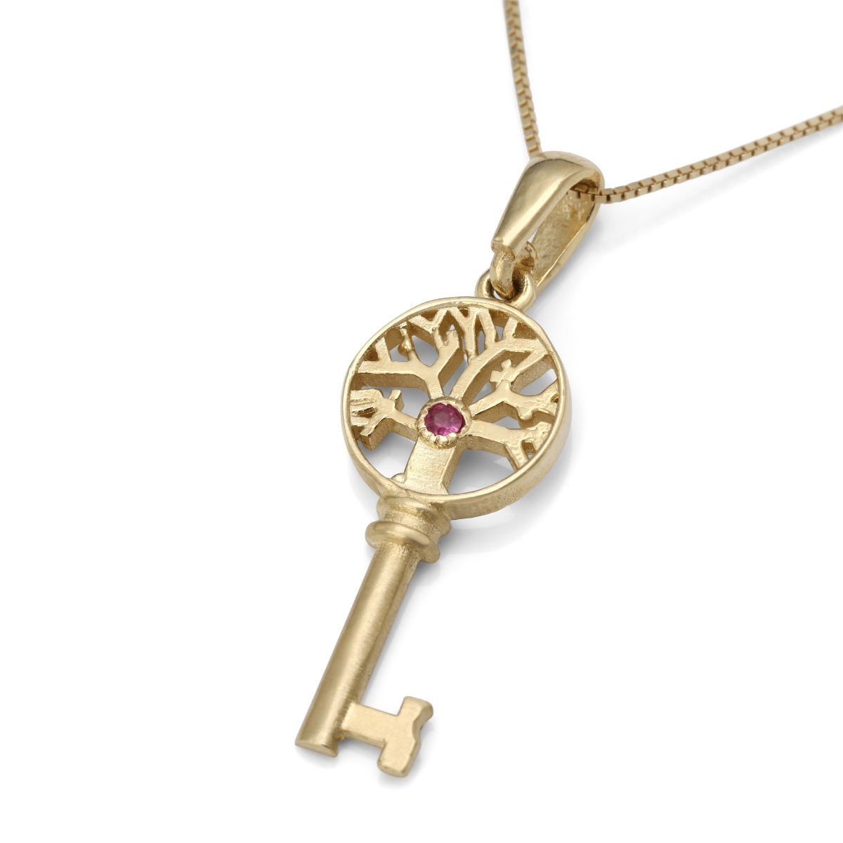 14K Gold Key Tree of Life Necklace With Ruby Stone (Choice of Colors) - 1