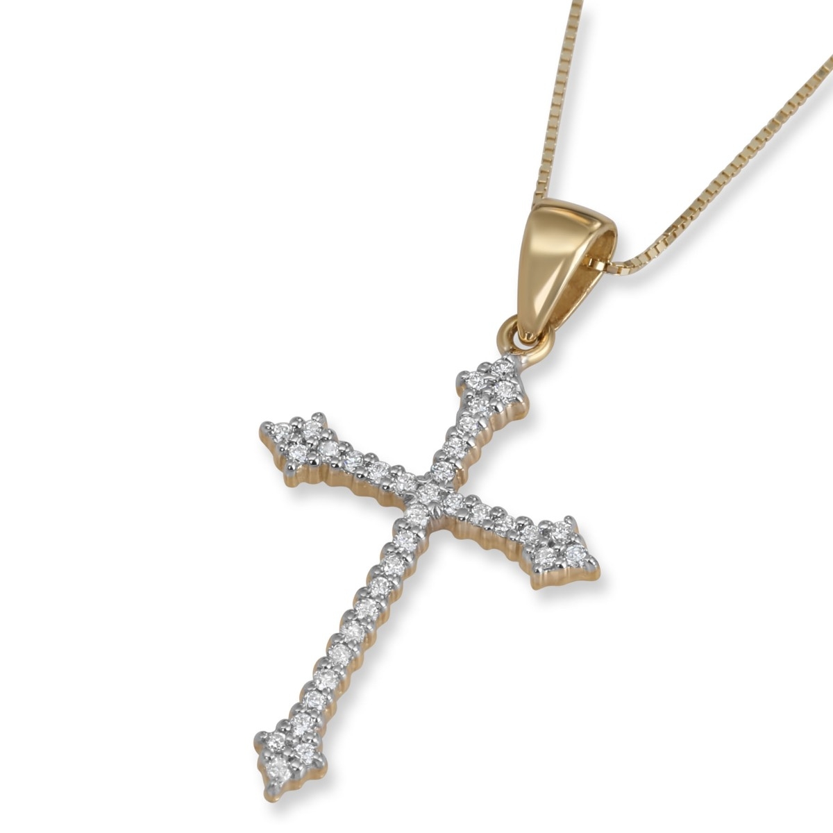 Deluxe 14K Yellow Gold and Diamond Slender Budded Cross Pendant with 35 Diamonds - 1