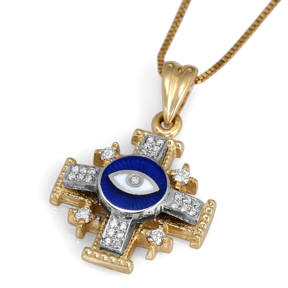 Two-Tone 14K Gold and Enamel Evil Eye Jerusalem Cross Pendant with 29 Diamonds - 1