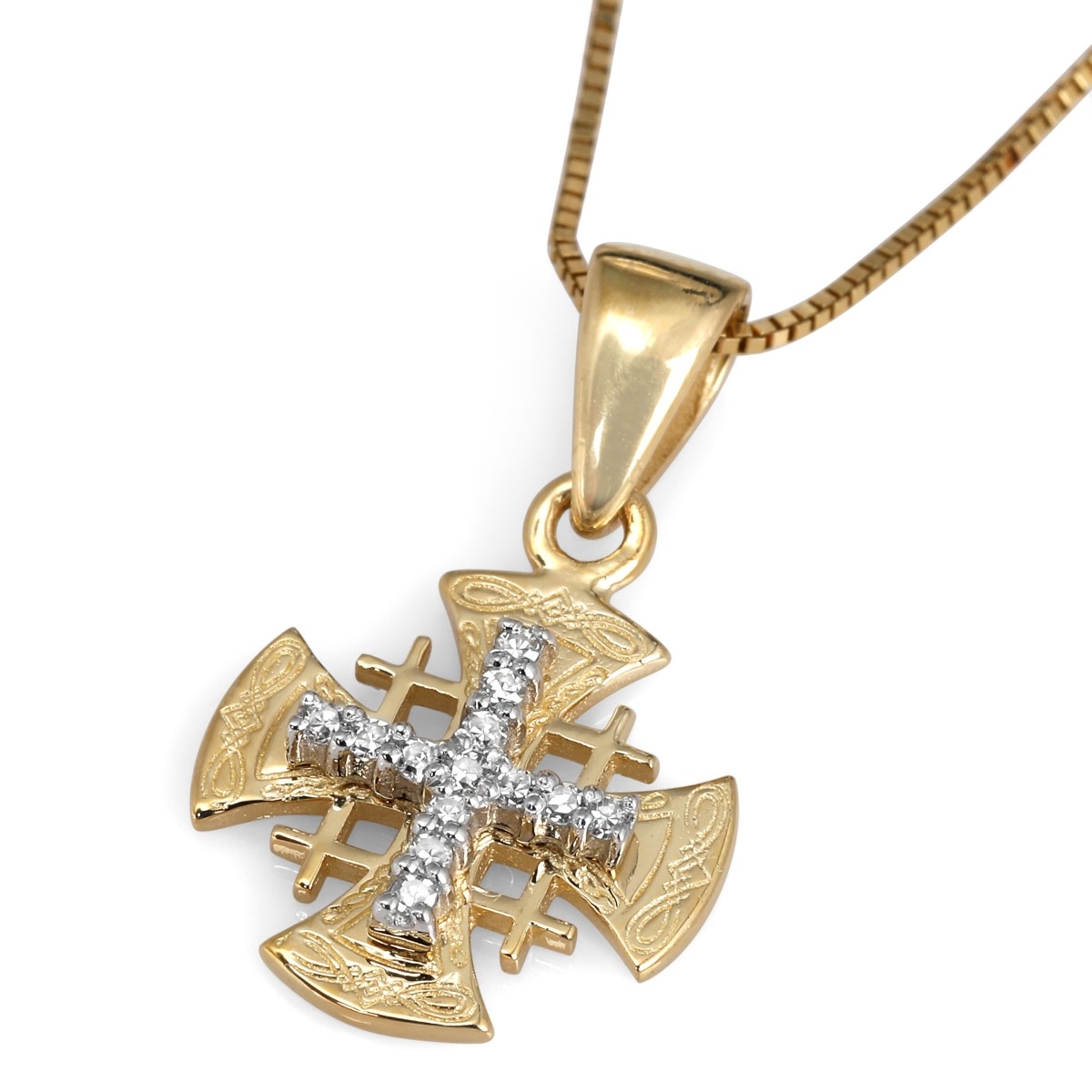 Anbinder Jewelry 14K Yellow Gold Splayed Jerusalem Cross with Celtic Knots Border and 13 Diamonds - 1
