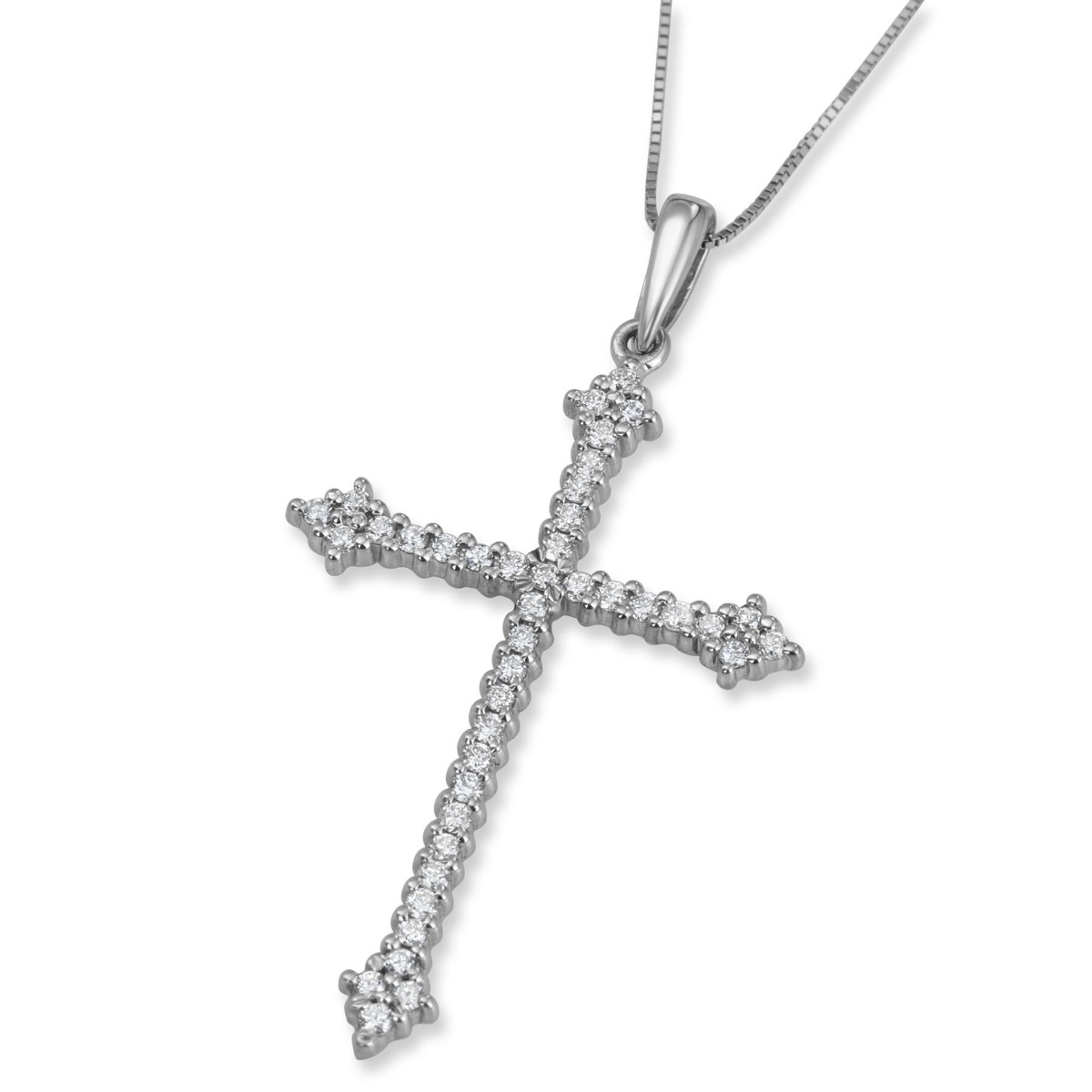 Deluxe 14K White Gold and Diamond Slender Budded Cross Pendant with 41 Diamonds - 1