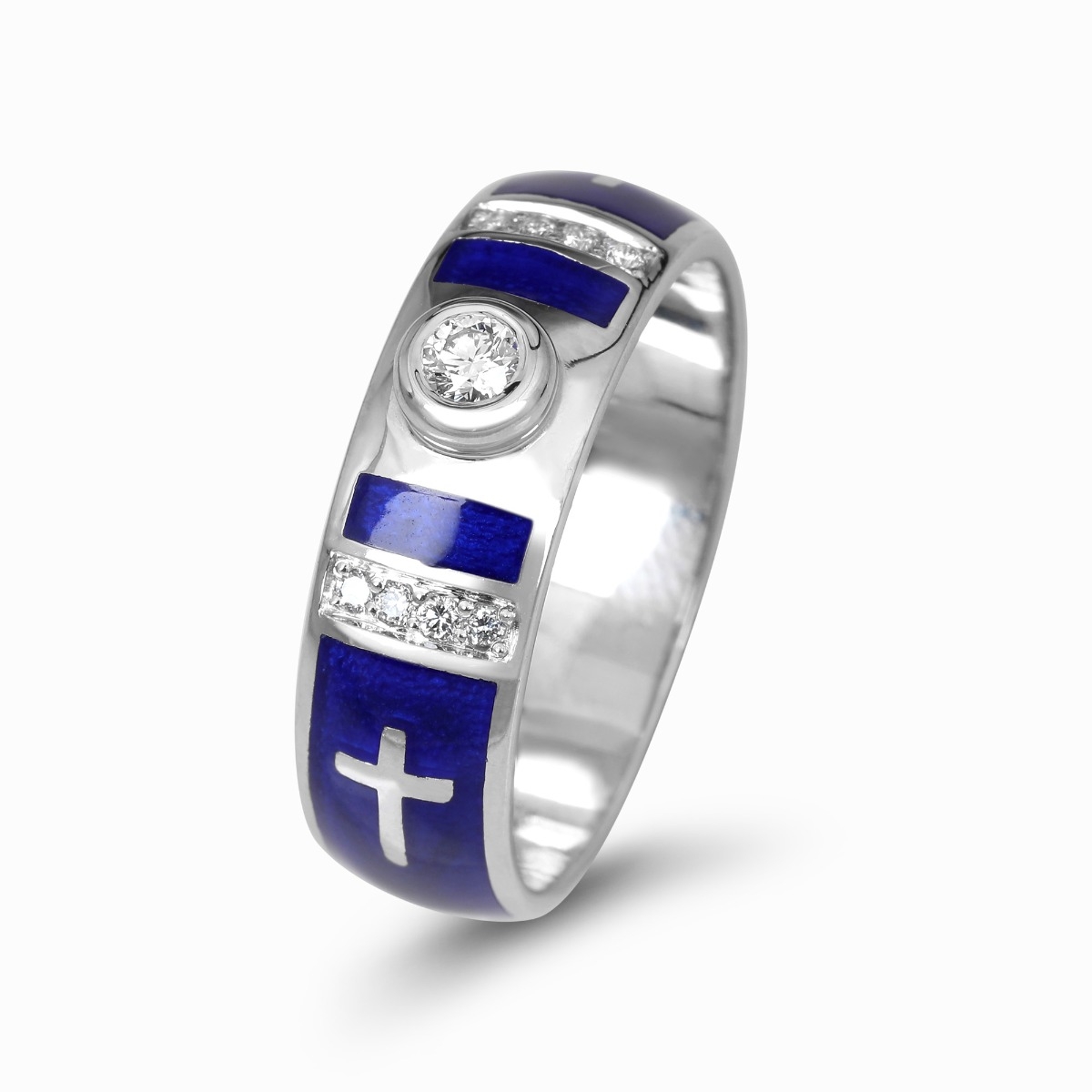Anbinder 14K White Gold and Blue Enamel Wedding Ring with Latin Cross Design and 9 Diamond Accents - 1