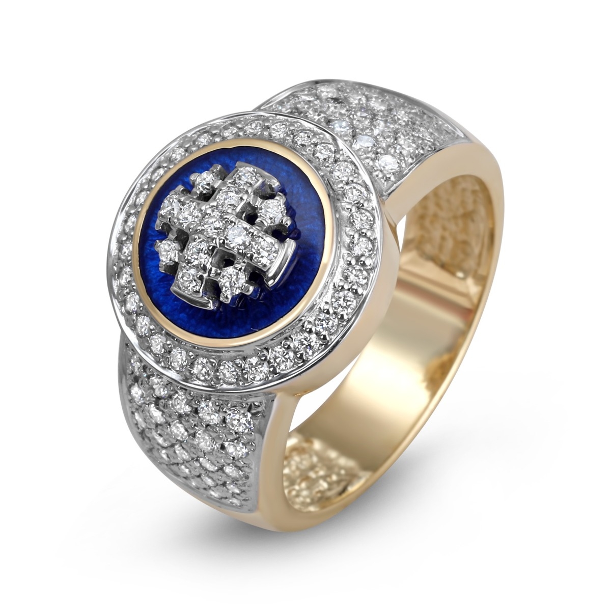 Anbinder Jewelry Two-Tone 14K Gold Enamel and Diamond Paved Jerusalem Cross Halo Signet Ring - 1