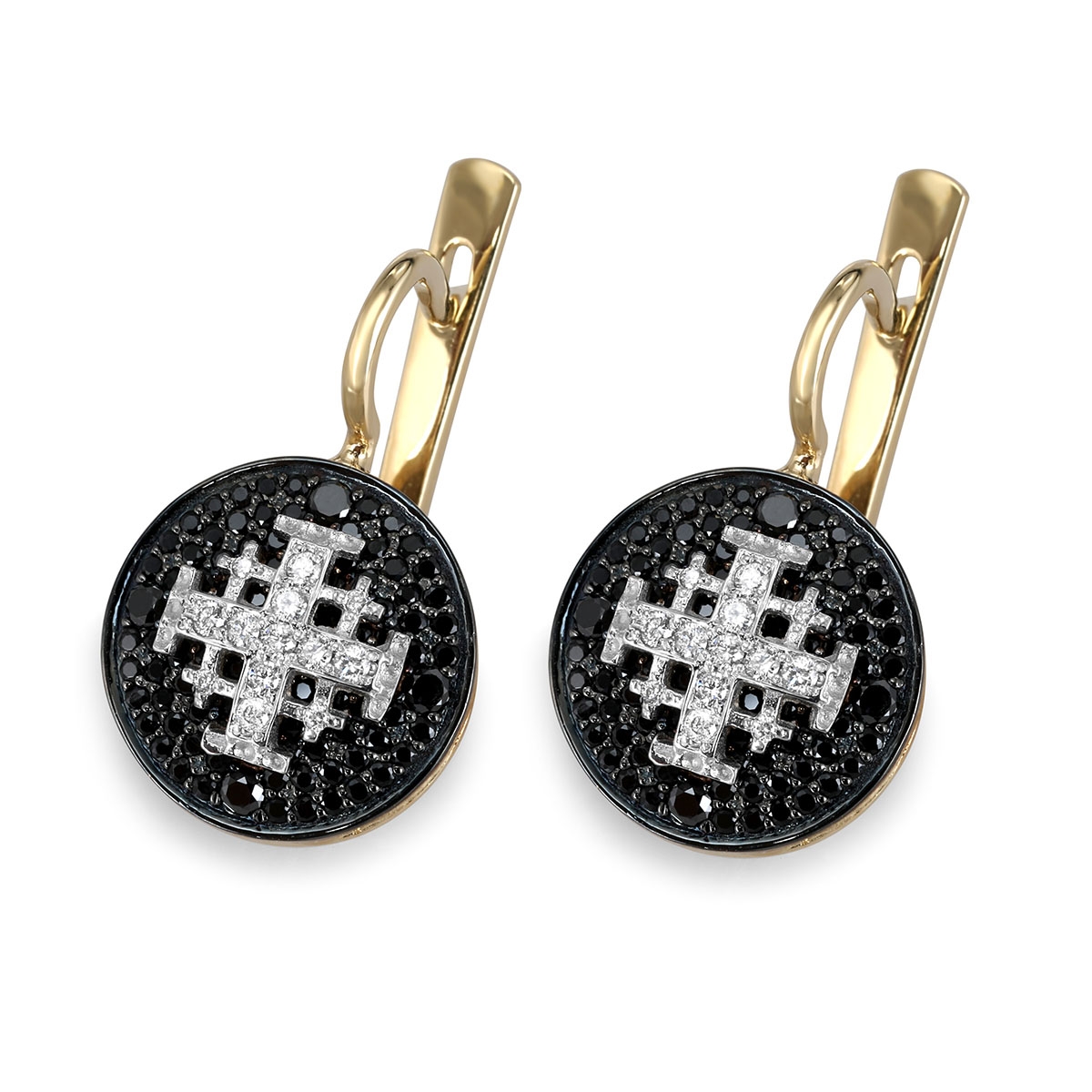Anbinder Deluxe 14K Gold Diamond Pavé Jerusalem Cross Circle Earrings with 202 Black & White Diamonds - 1
