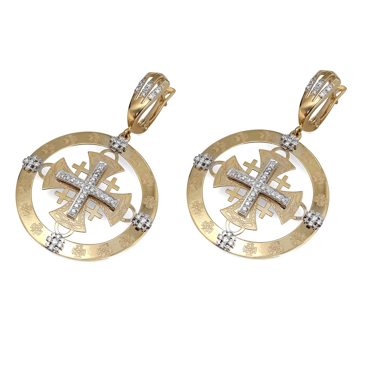 Anbinder Deluxe 14K Gold and Diamond Jerusalem Cross Hanging Disk Earrings with Celtic Knots and 94 Diamonds - 1