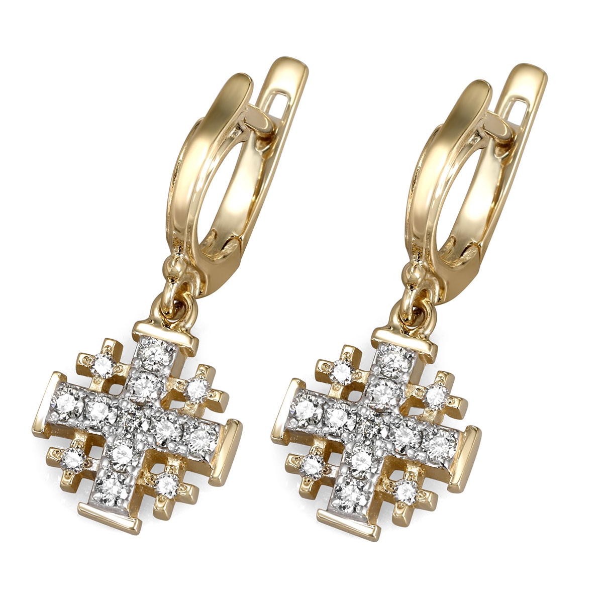 14K Gold and Diamond Classic Jerusalem Cross Hanging Earrings with 26 Diamonds - 1