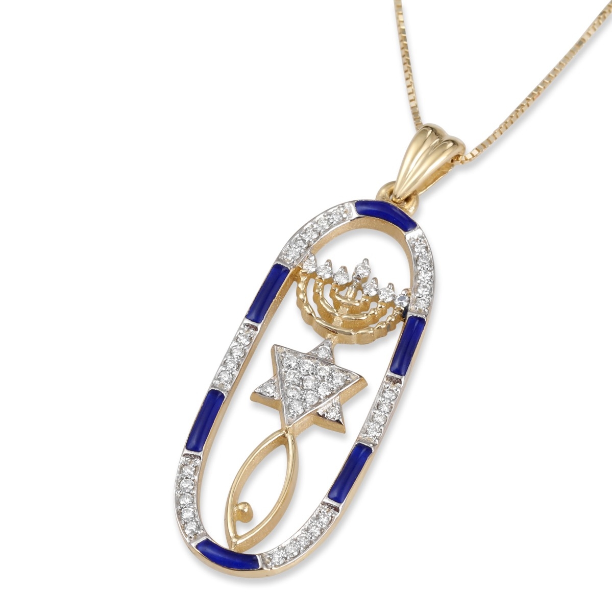 14K Yellow Gold Diamond and Enamel Pavé Messianic Grafted-In Openwork Oval Pendant - 1