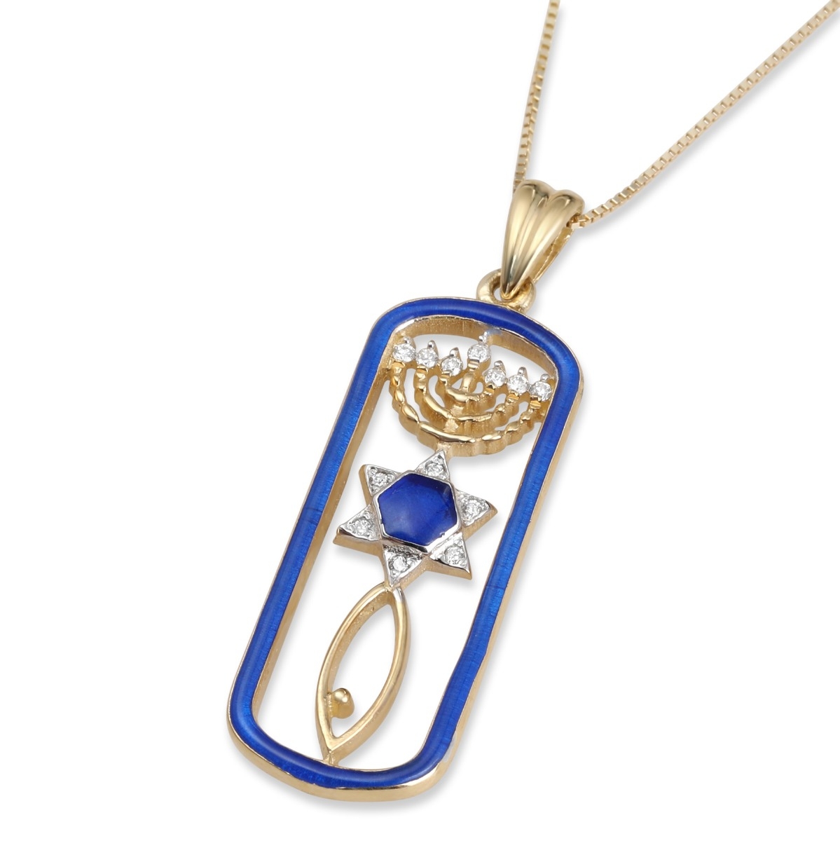 14K Yellow Gold Diamond and Enamel Messianic Grafted-In Blue Framed Dog Tag Pendant - 1