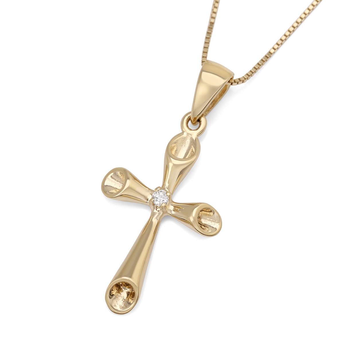 14K Gold Latin Cross Necklace Pendant with Diamond - 1
