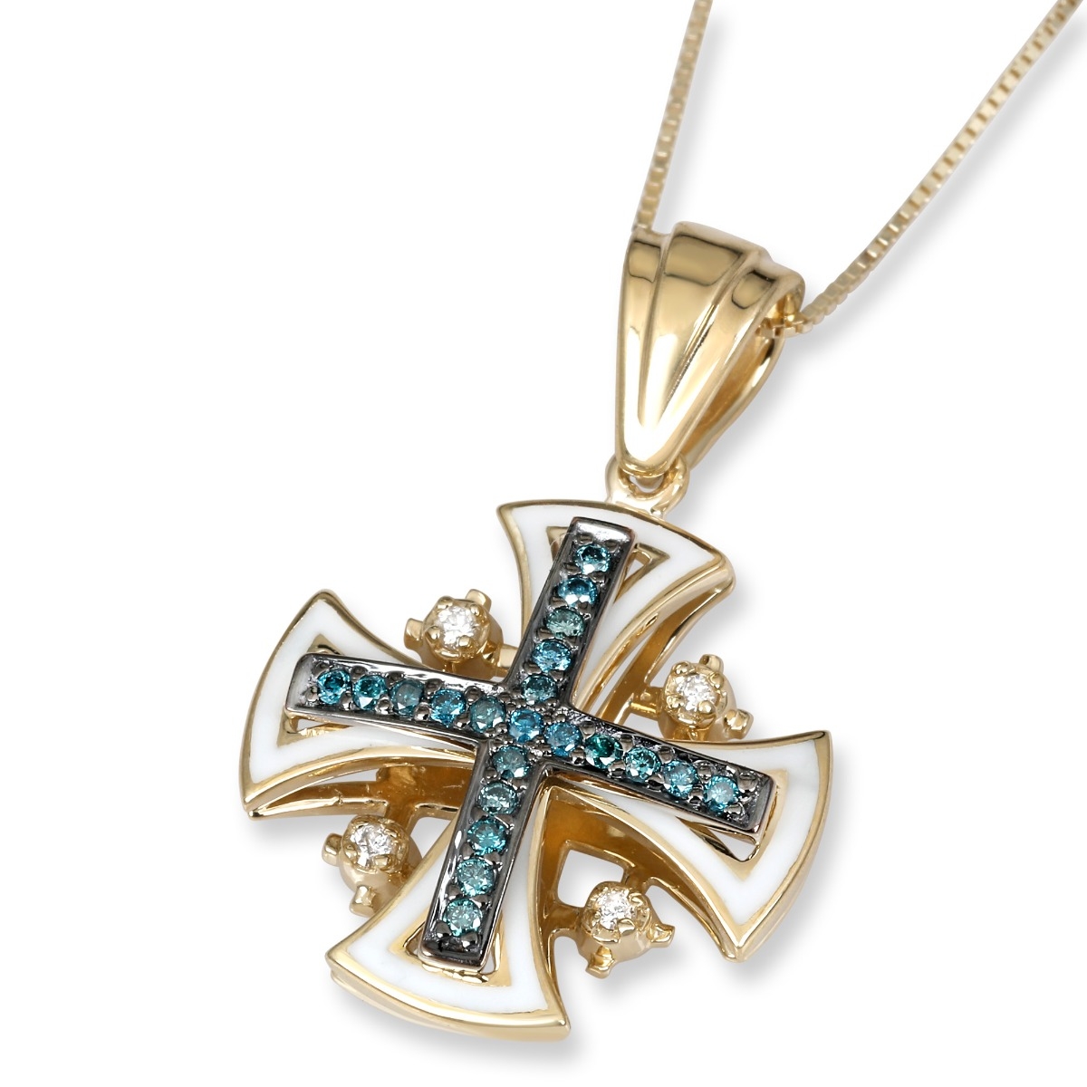 Anbinder Deluxe 14K Yellow Gold and White Enamel Splayed Jerusalem Cross Pendant with White and Blue Diamonds - 1