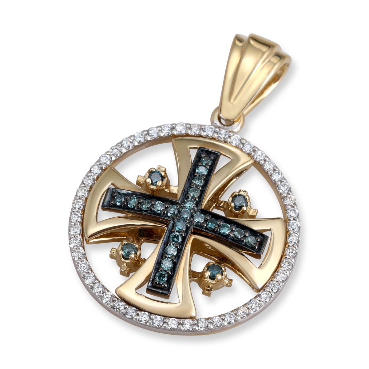 Anbinder Jewelry 14K Yellow Gold White & Fancy Blue Diamond Splayed Jerusalem Cross Halo Pendant with 73 Diamonds - 1