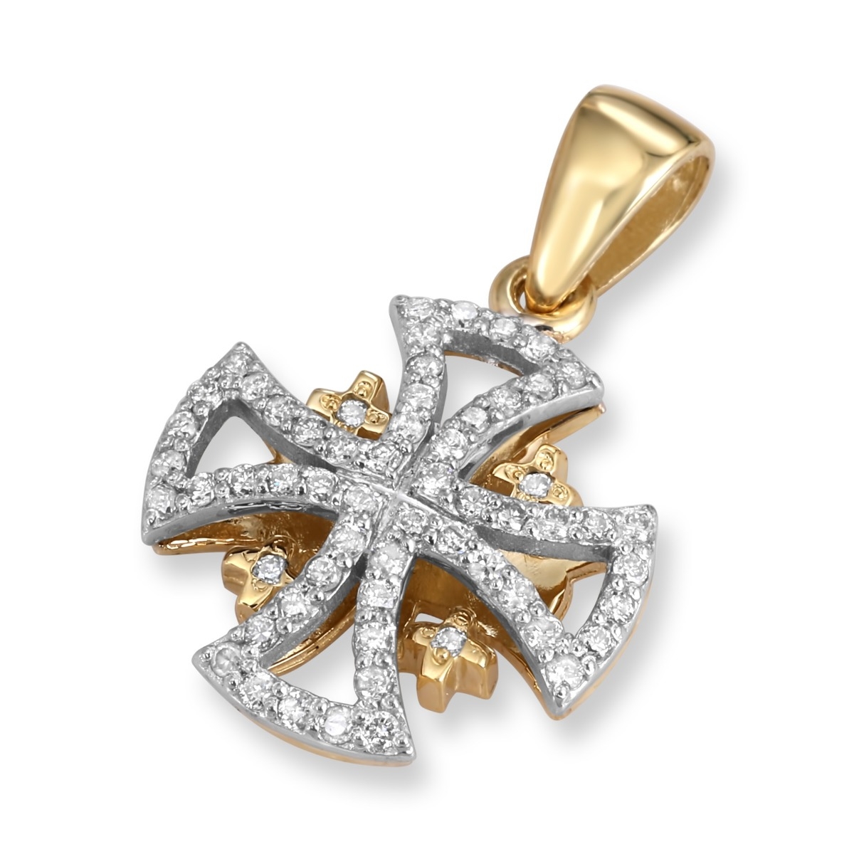 Anbinder Jewelry Two Tone 14K White & Yellow Gold and Diamond Tiered Splayed Jerusalem Cross Pendant with 60 Diamonds - 1
