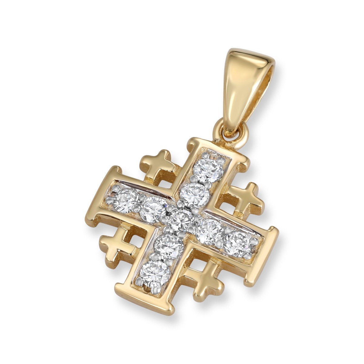 14K Gold Classic Jerusalem Cross Pendant with 9 Diamonds - 1