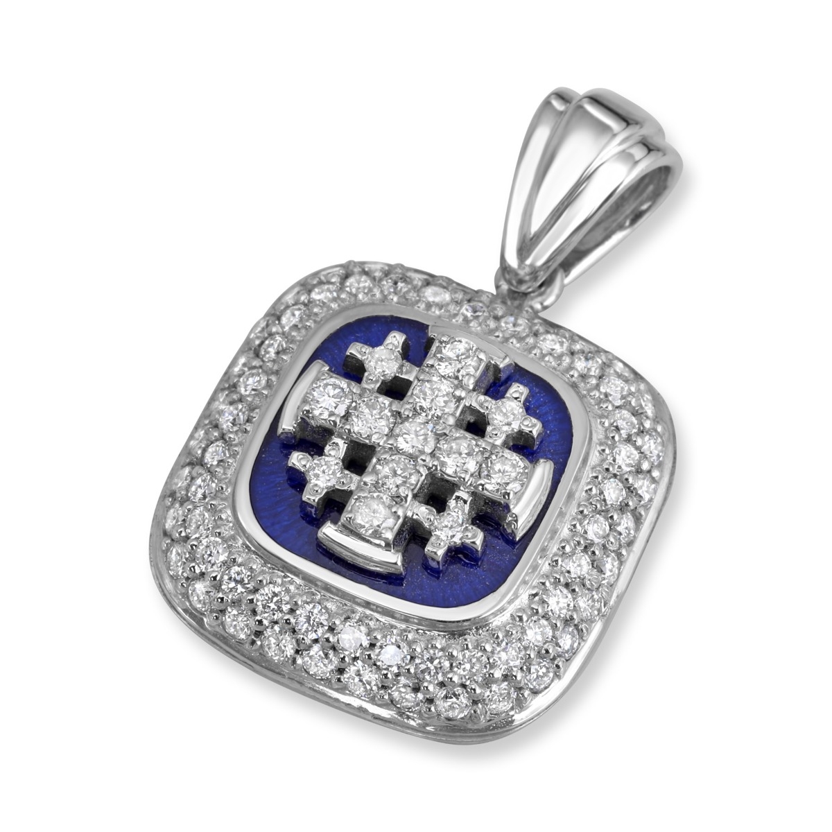 Anbinder Jewelry 14K White Gold and Blue Enamel Vintage Style Pavé Cushion-Shaped Jerusalem Cross Pendant with 77 Diamonds - 1
