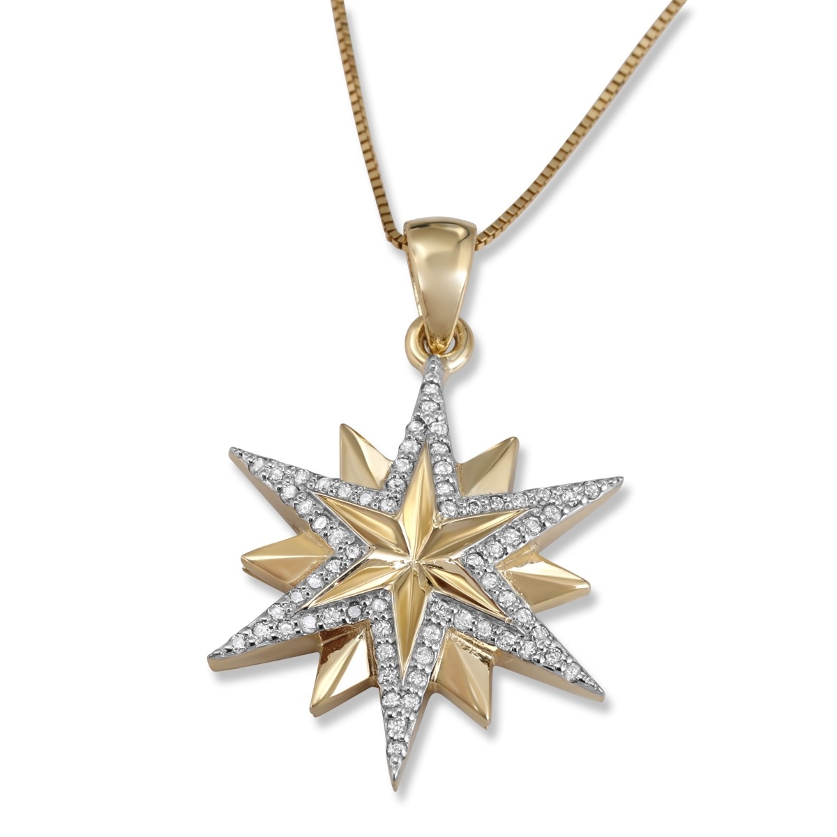 14K Yellow Gold Faceted Star of Bethlehem Pendant with Diamond Border - 1