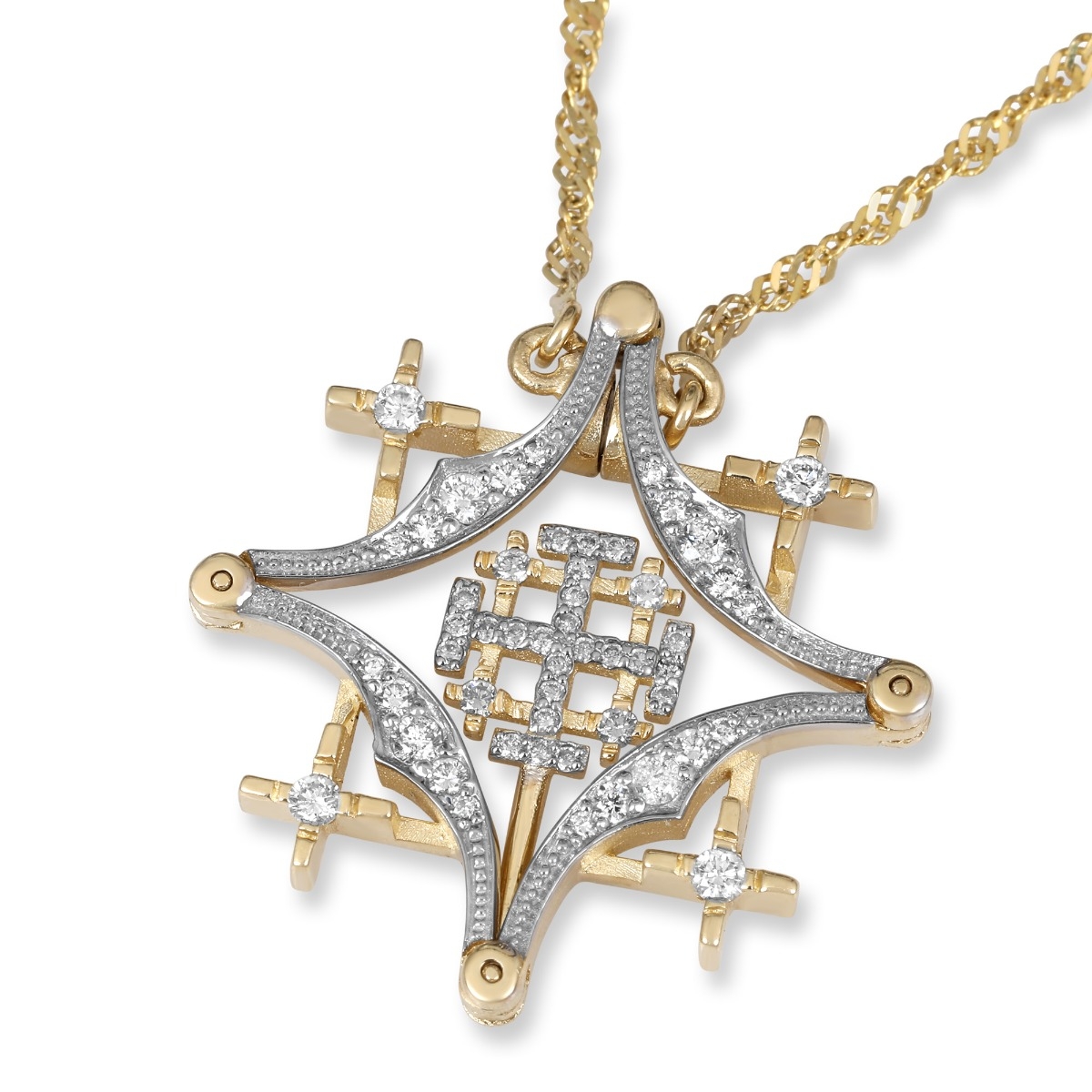 Anbinder Deluxe Two-Tone 14K Yellow and White Gold Magnetic Jerusalem Cross Necklace with Diamonds - 1