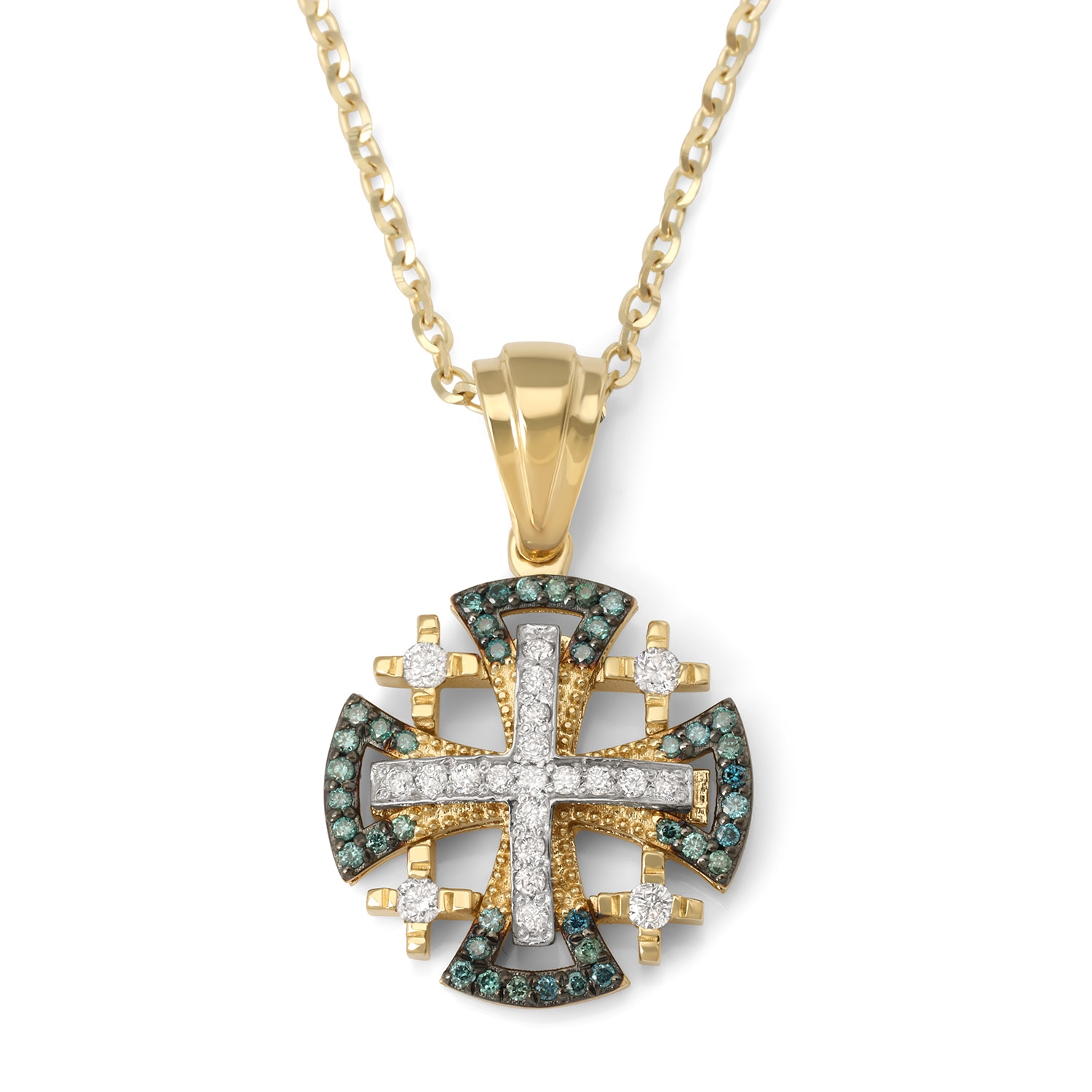 Anbinder 14K Yellow Gold Jerusalem Cross Pendant with Blue and White Diamonds - 1