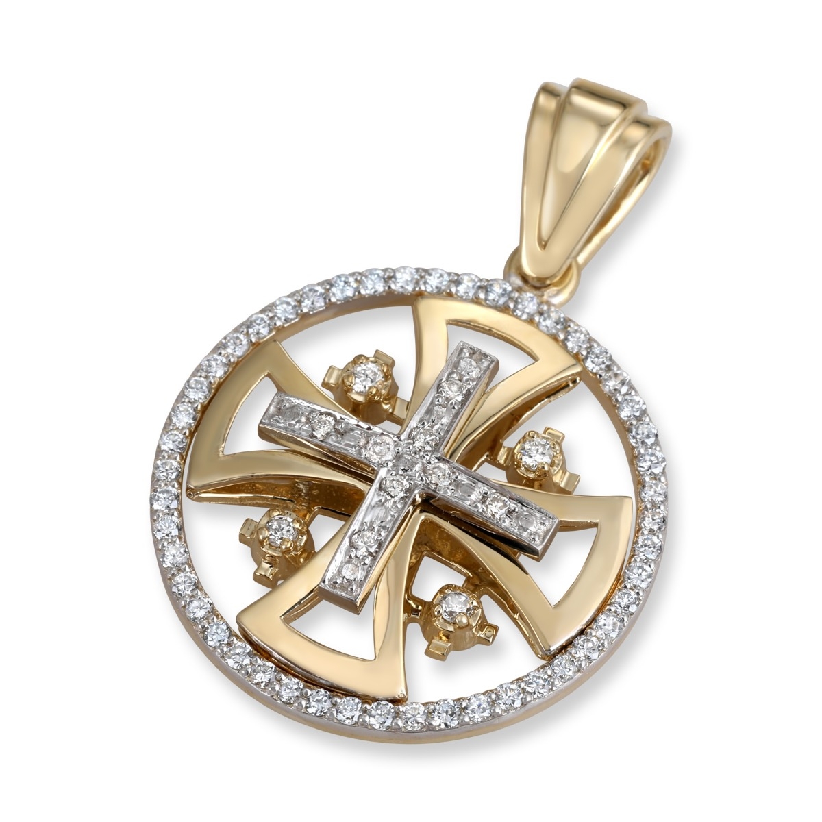 Anbinder Jewelry 14K Yellow & White Gold and Diamond Splayed Jerusalem Cross Halo Pendant with 60 Diamonds - 1