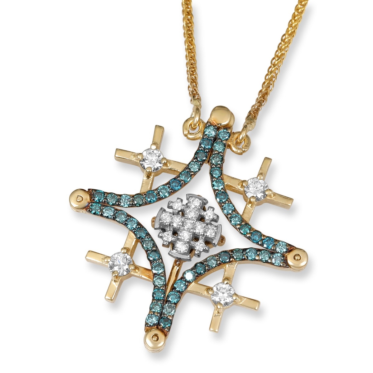 Anbinder Deluxe 14K Yellow and White Gold Magnetic Jerusalem Cross Necklace with White and Blue Diamonds - 1