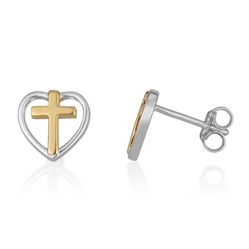 Sterling Silver and Gold-Plated Heart and Latin Cross Earrings - 1