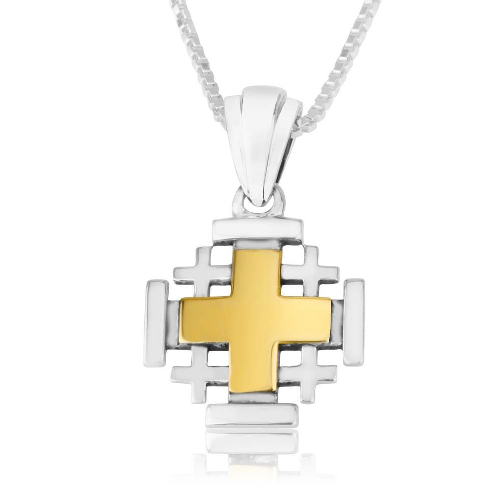 Marina Jewelry Sterling Silver Jerusalem Cross Necklace with Gold Plating - 1