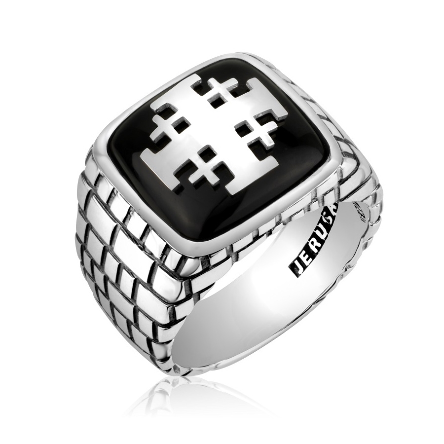 Men's Silver Western Wall and Jerusalem Cross Ring with Onyx - 1