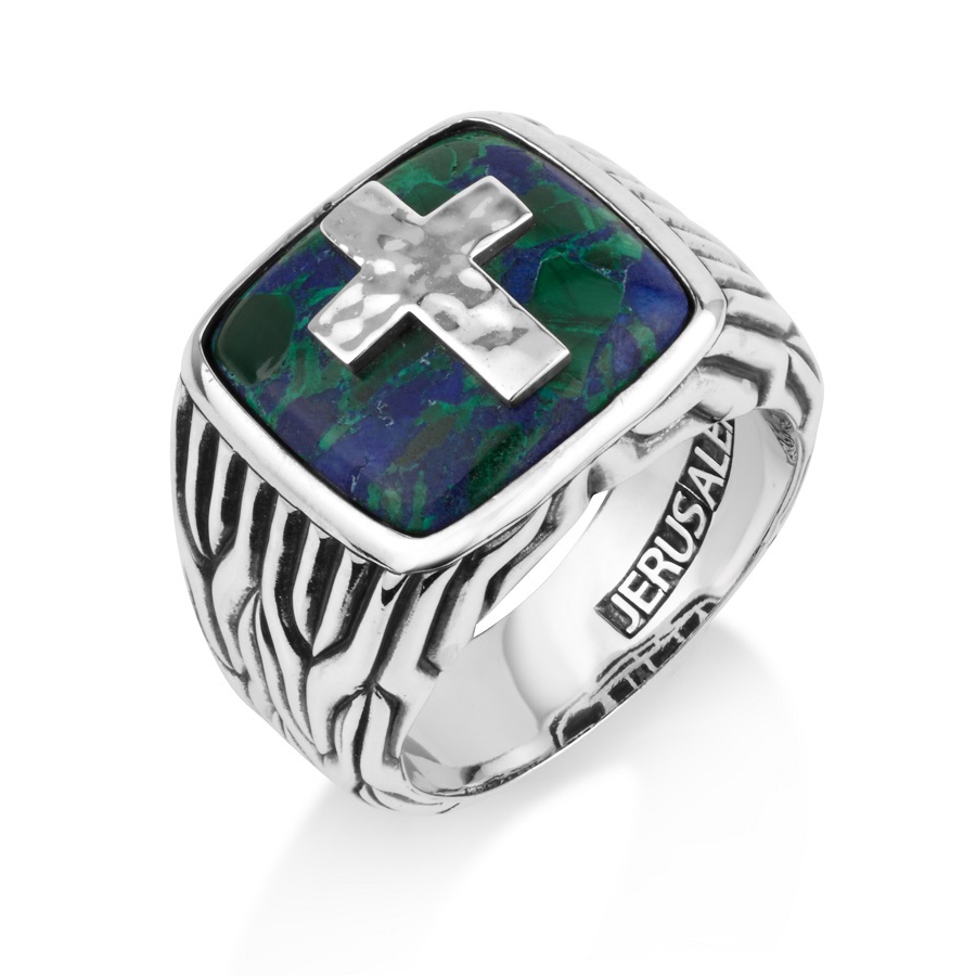 Men's Sterling Silver Latin Cross Ring with Eilat Stone - 1