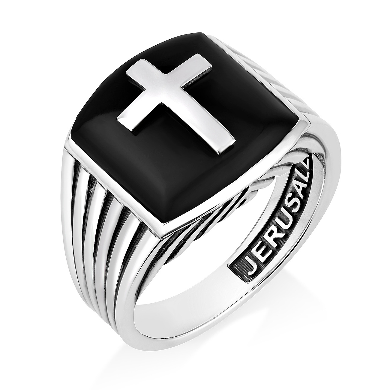 Men's Sterling Silver Latin Cross Ring with Onyx Stone - 1