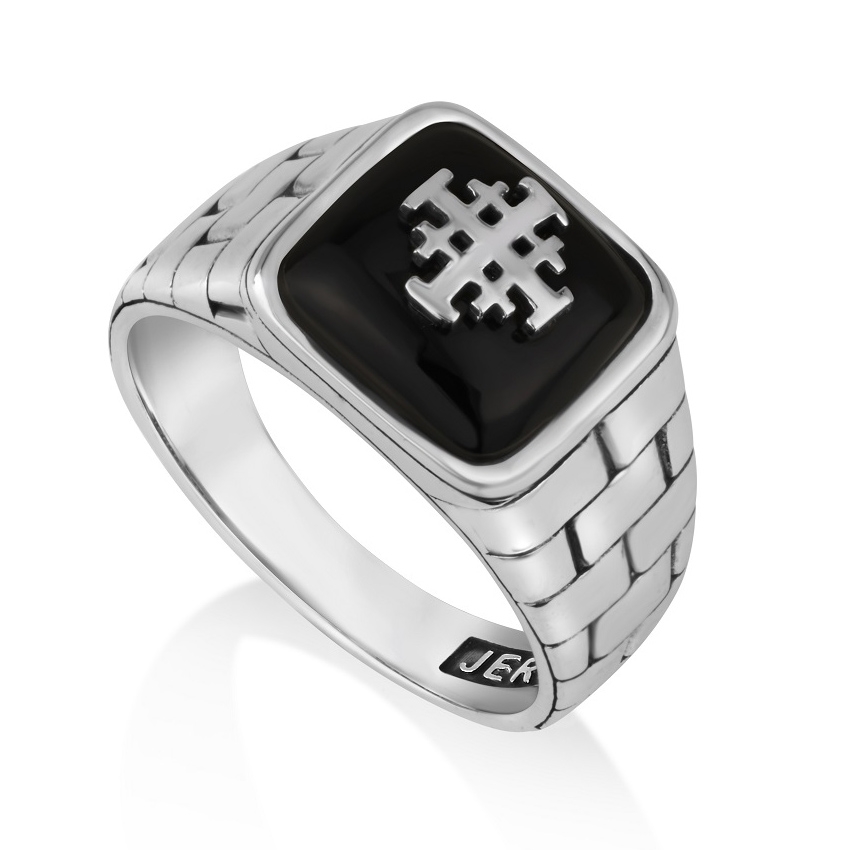 Men's Sterling Silver Jerusalem Cross Ring with Onyx Stone and Brick Design - 1